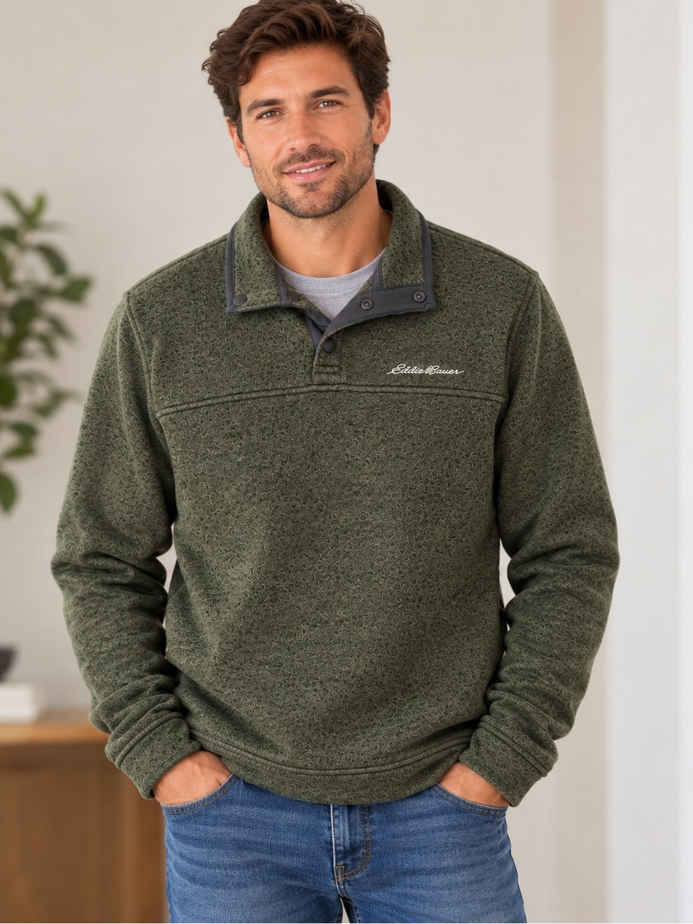 Eddie Bauer Men’s M Olive Green Snap Neck Fleece Pullover Sweater Outdoor Casual